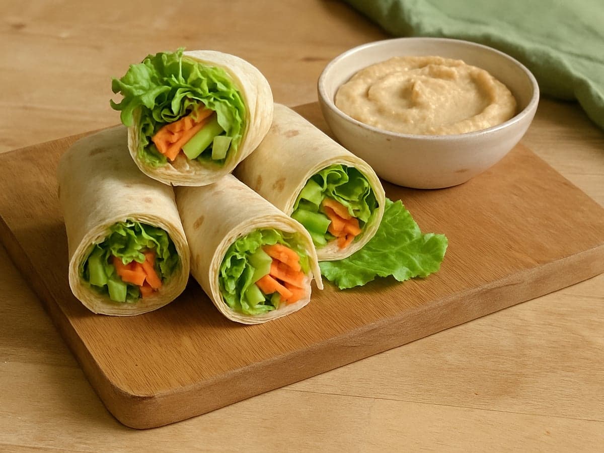 Gevulde tortilla-rolletjes met hummus en groente op een bord