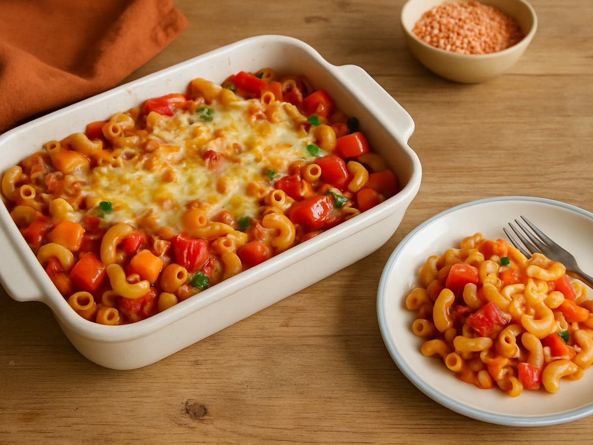 Vegetarische macaroni met verborgen groenten in een ovenschaal