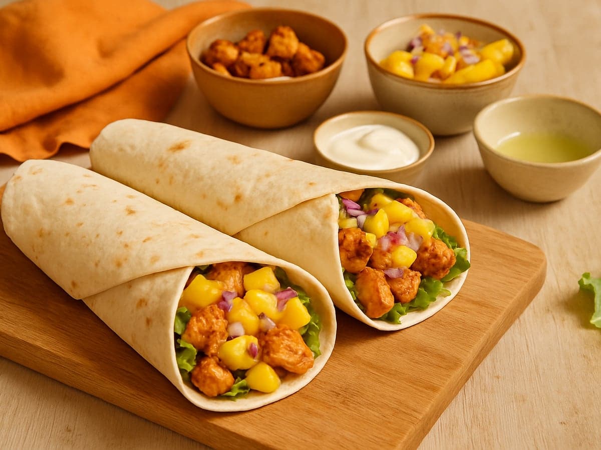 Wraps met kip-tikka en mangosalsa op een bord