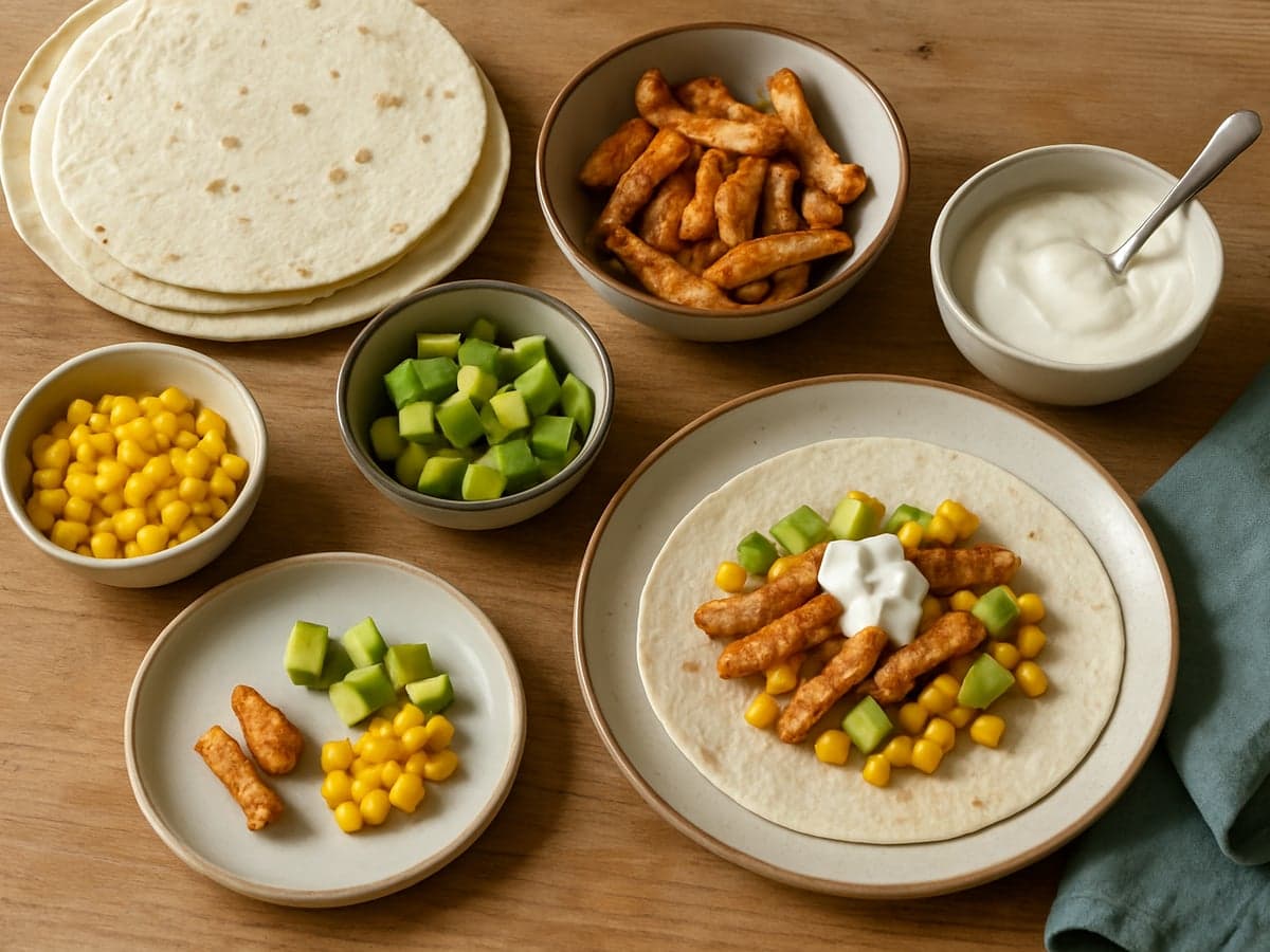 Wraps met kip, avocado en mais op een tafel met bijgerechten