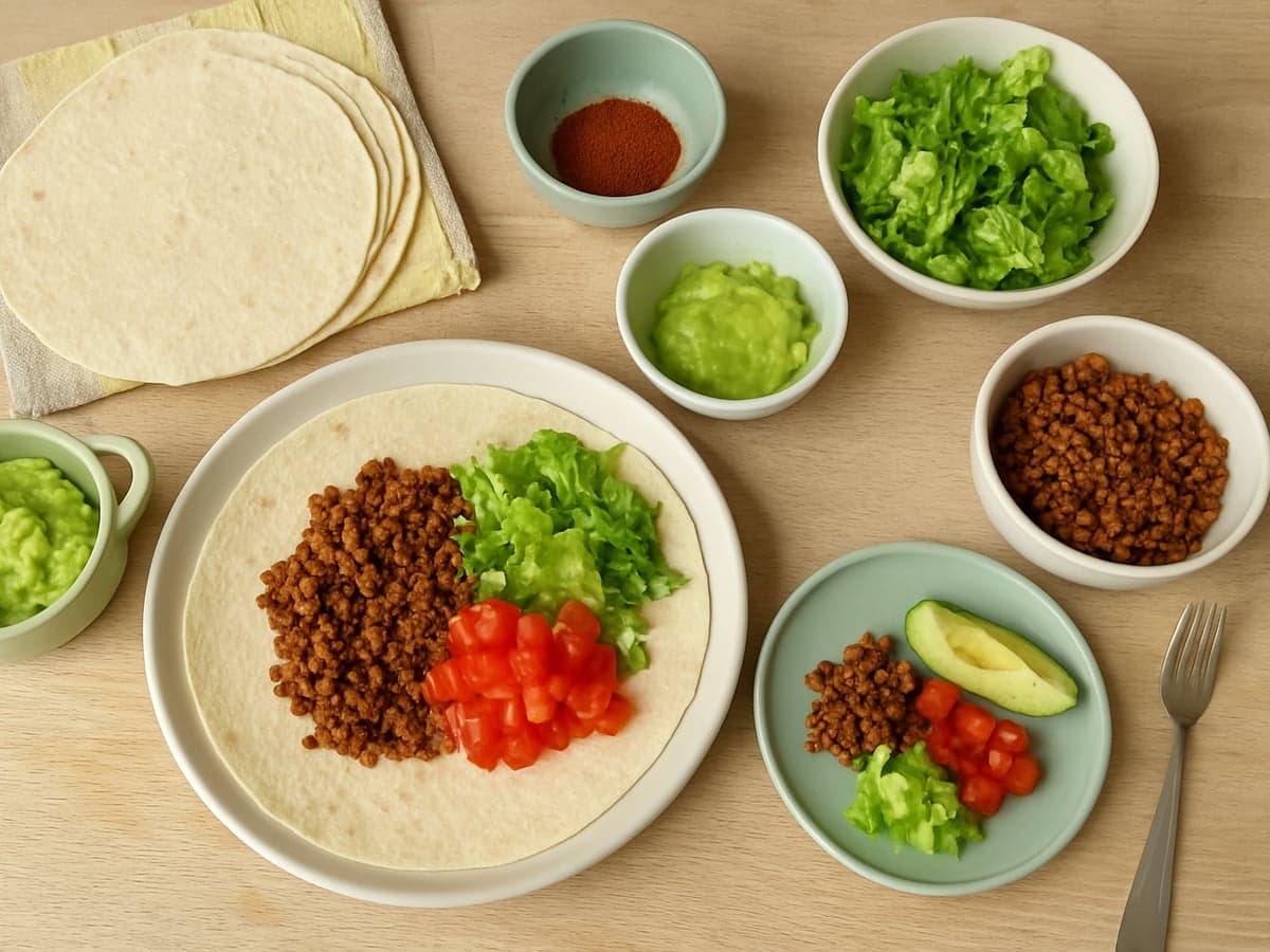Wraps met vegetarisch gehakt en guacamole op tafel