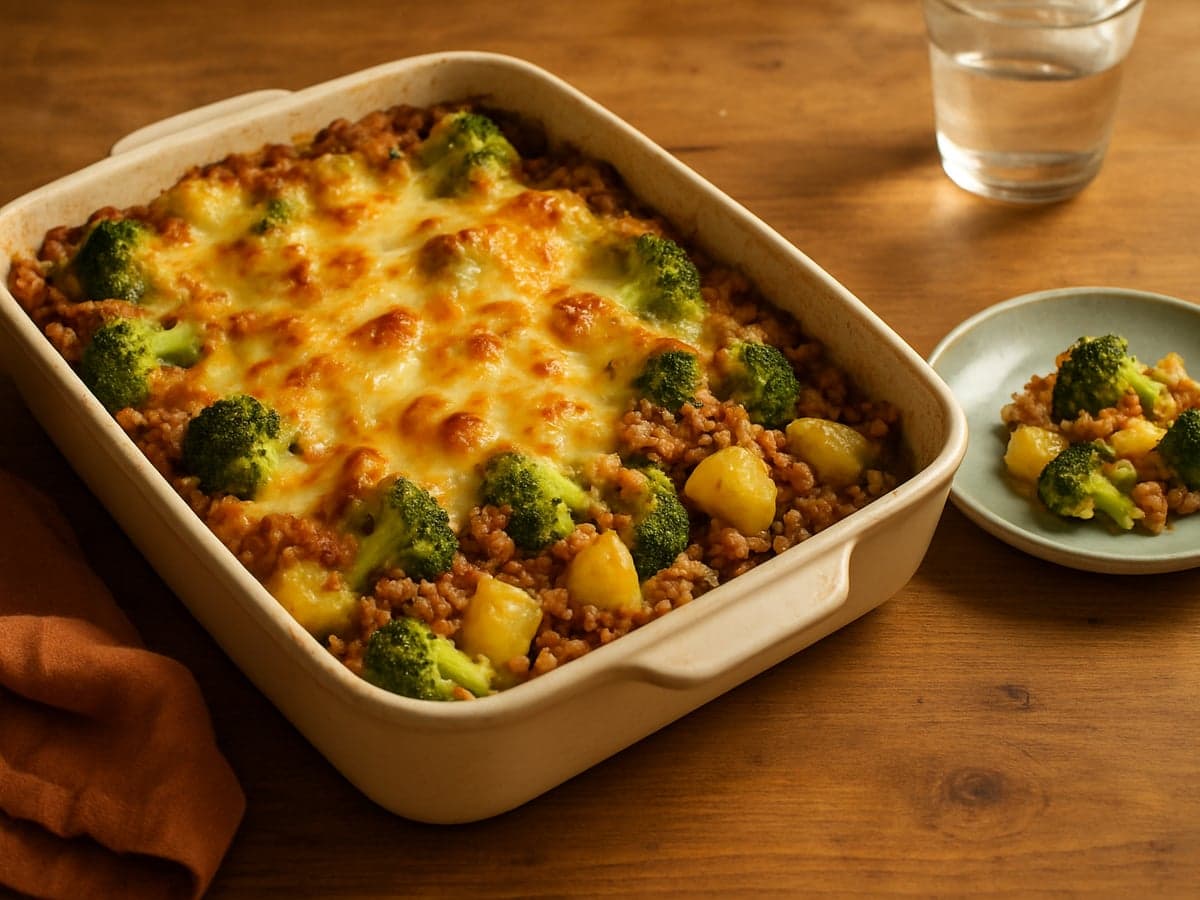 Aardappel-broccolischotel met vegetarisch gehakt in een ovenschaal