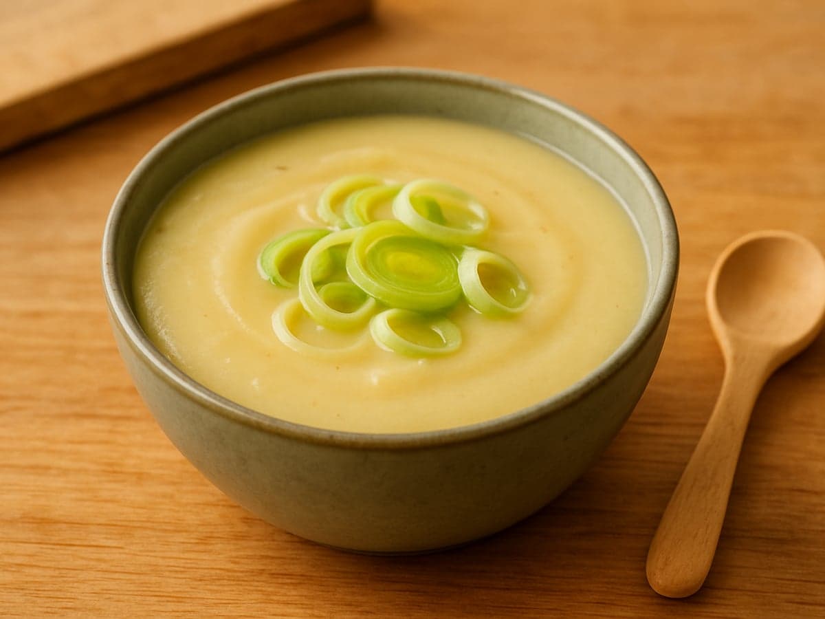 Gepureerde aardappel-preisoep in een kommetje voor baby