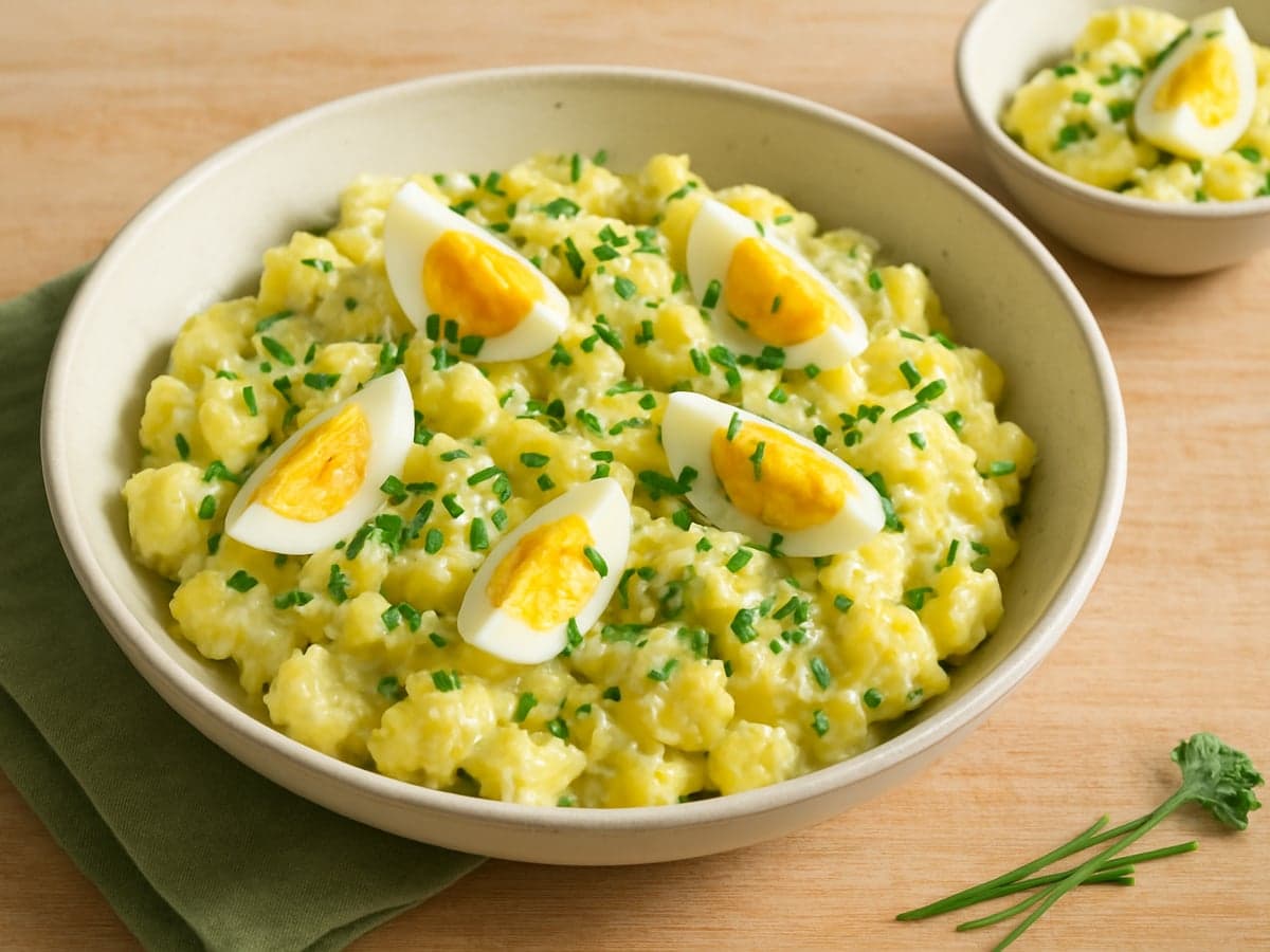 Aardappelsalade met ei, bieslook en mosterddressing in een schaal