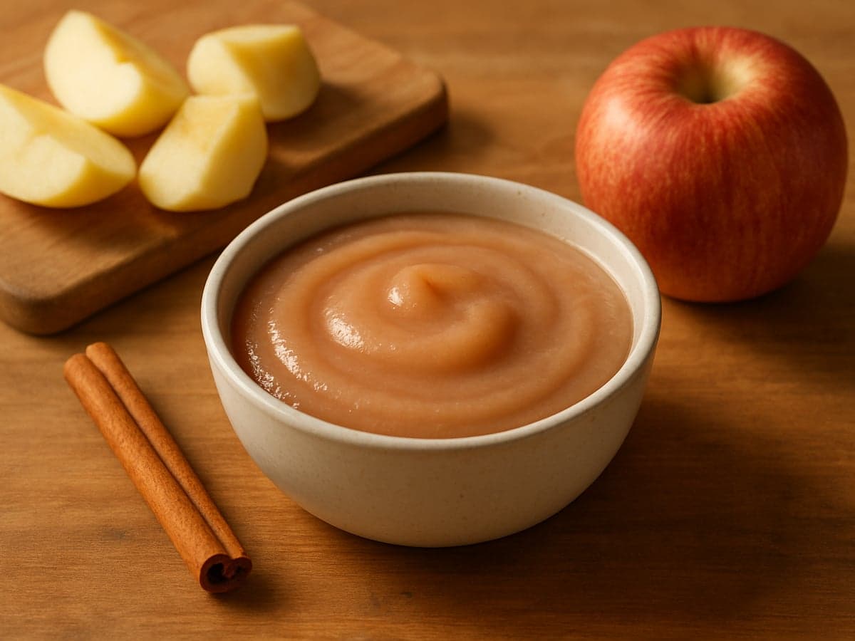 Kommetje met gladde appelmoes met kaneel op een houten tafel