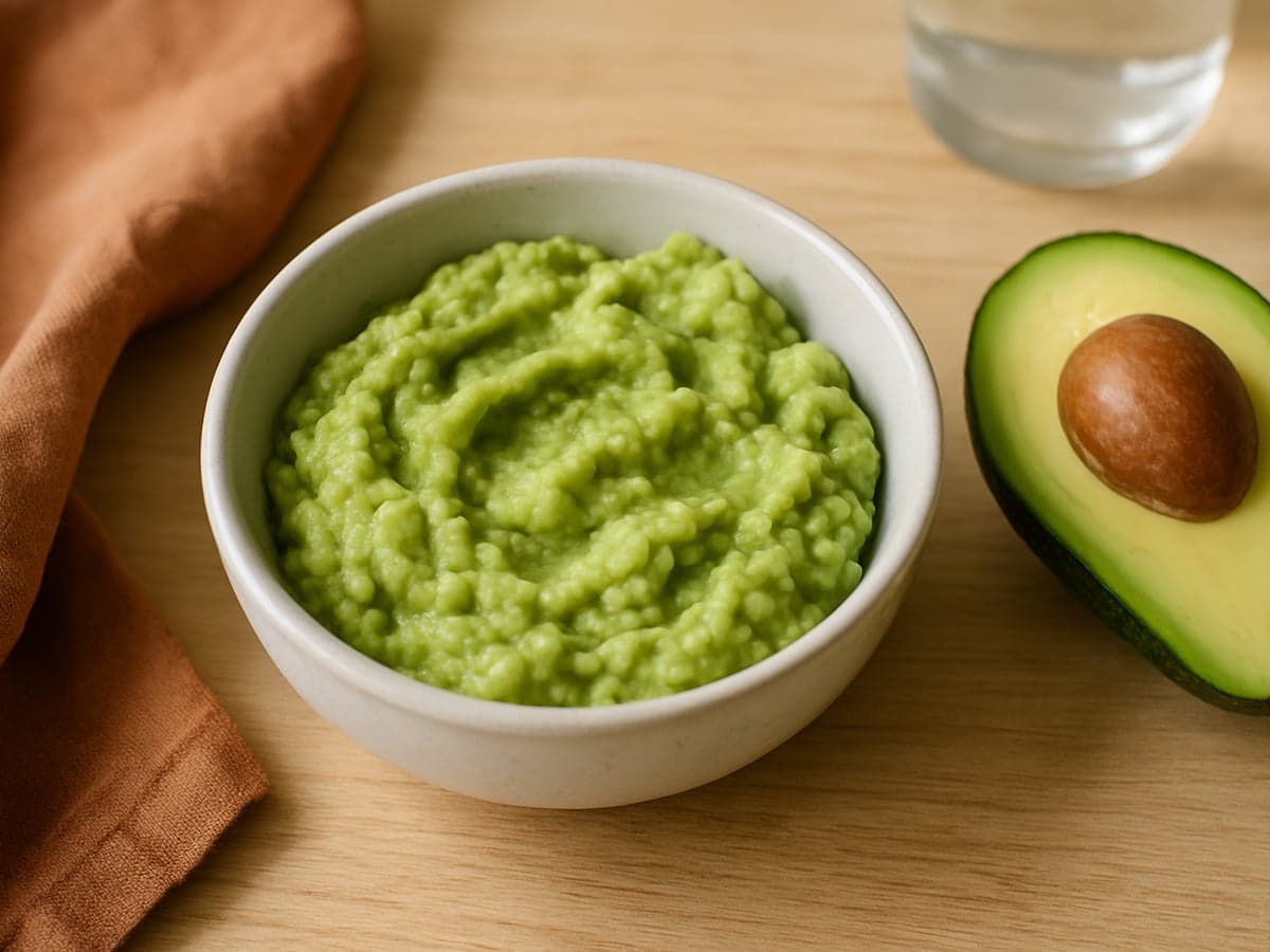 Kommetje met romige groene avocadoprak op een houten tafel