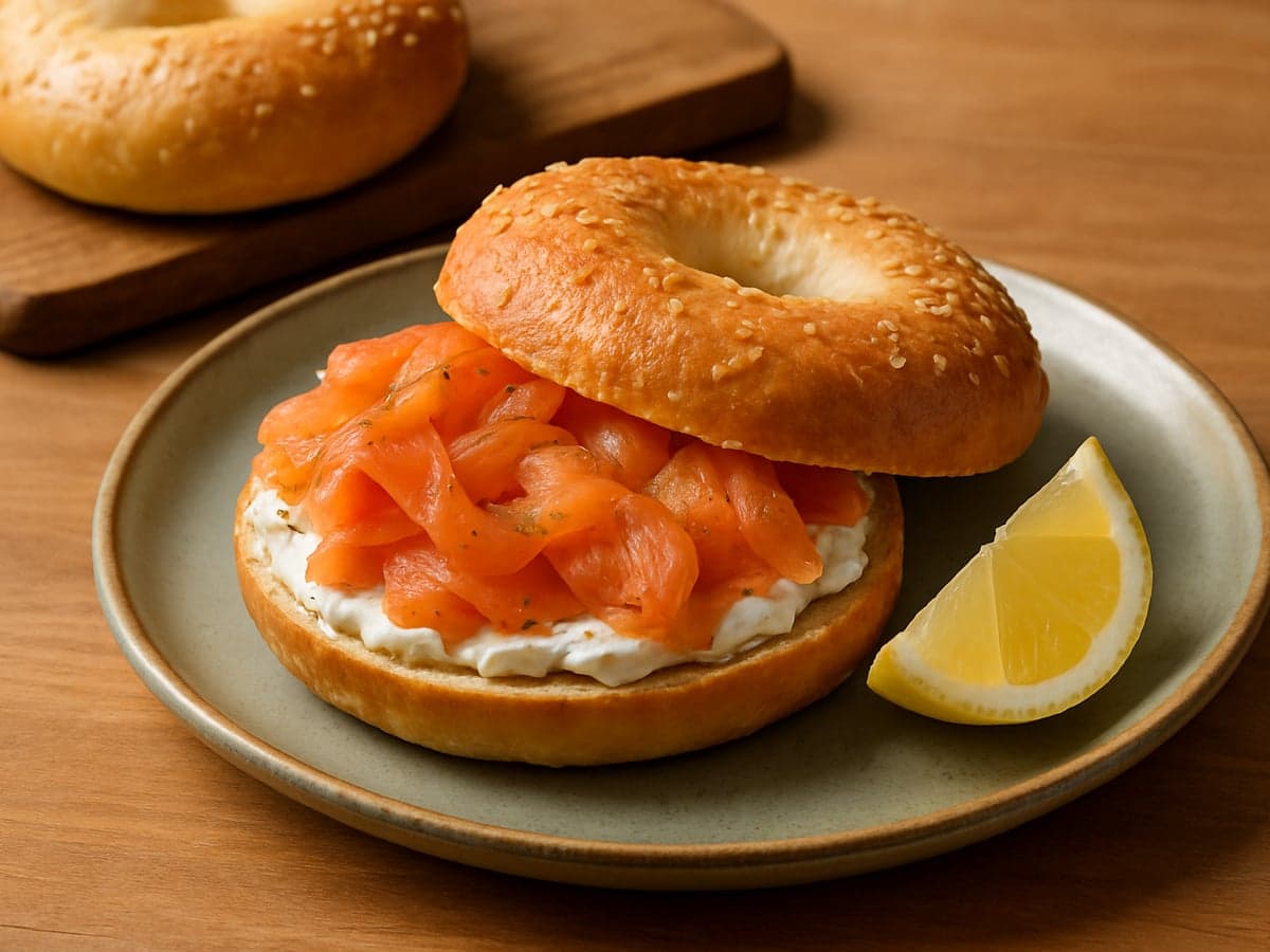 Bagel belegd met roomkaas en plakjes gerookte zalm