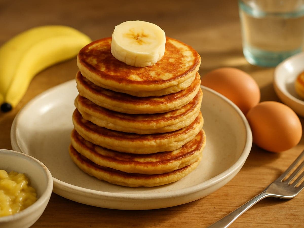 Stapel kleine bananenpannenkoekjes op een bord