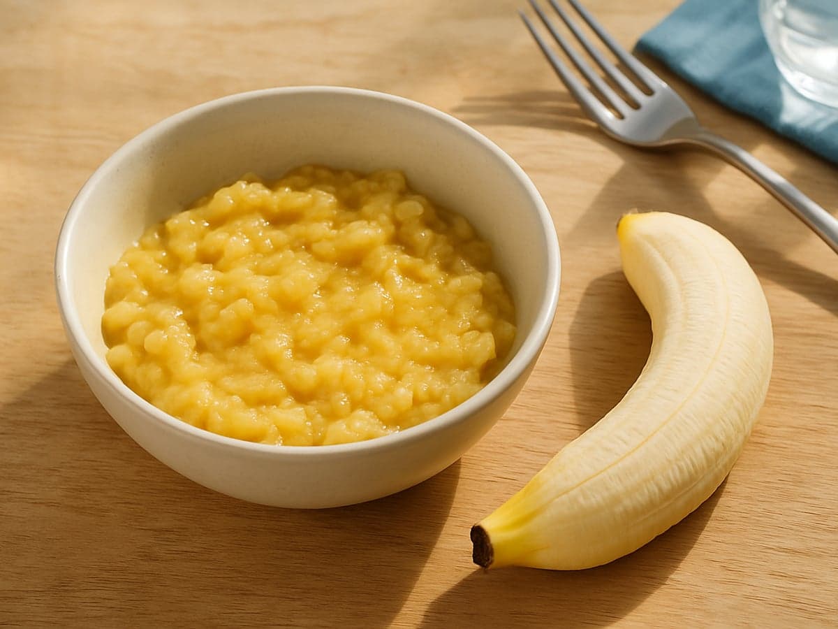 Kommetje met fijngeprakte banaan op een houten tafel