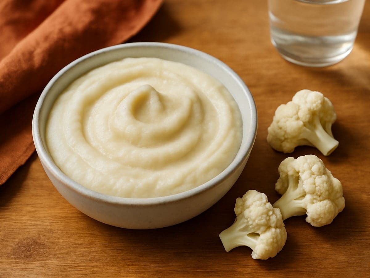 Kommetje met gladde witte bloemkoolpuree op een houten tafel