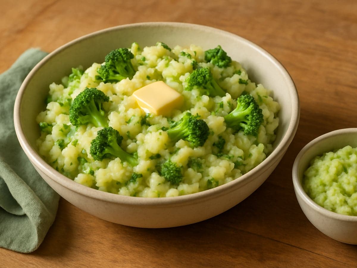 Broccoli-aardappelstamppot in een pan, met een klein bakje grover gestampte babyversie ernaast