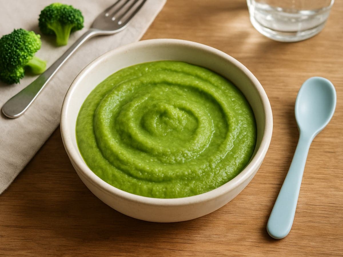 Kommetje met gladde groene broccolipuree op een houten tafel