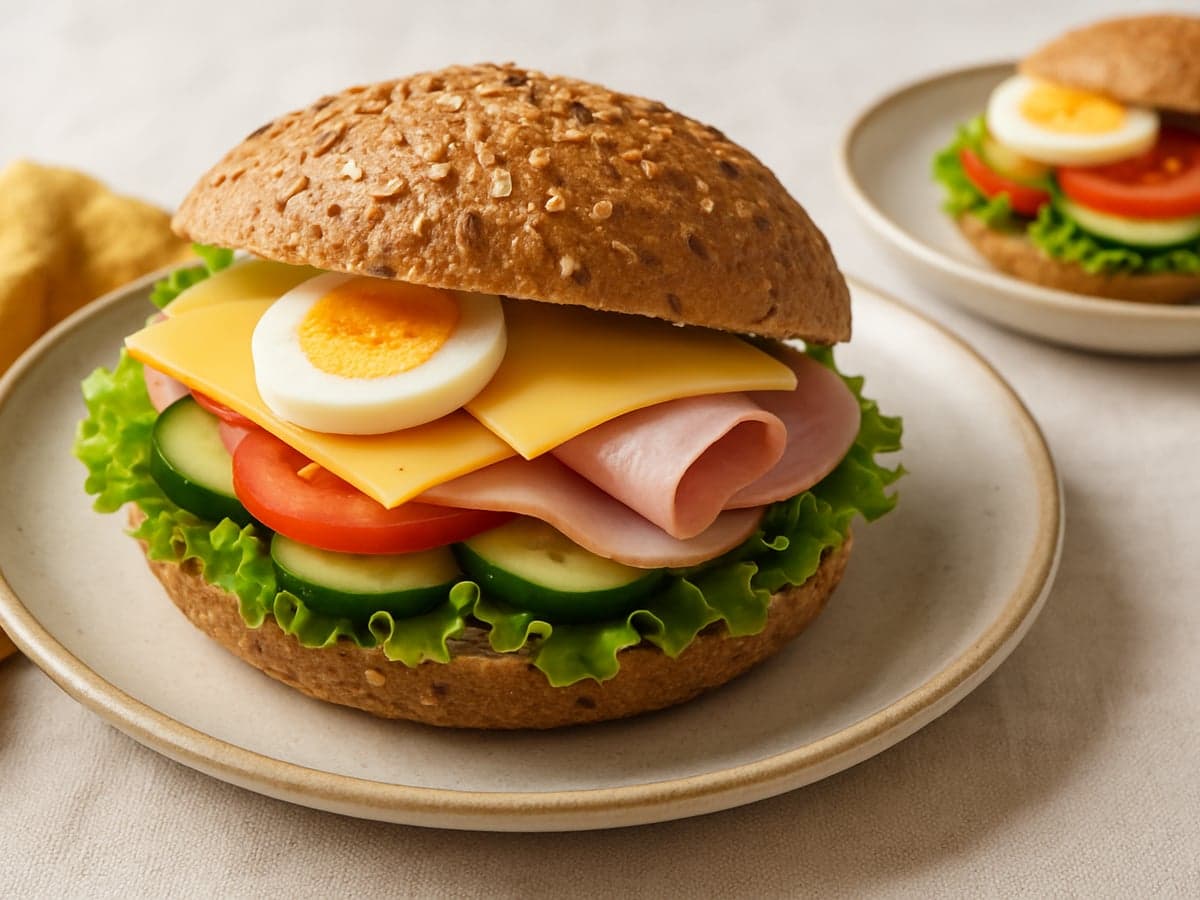Broodje gezond met ei, kaas, ham en groenten op een bord