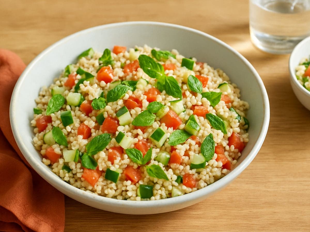 Bulgursalade met komkommer, tomaat en verse munt in een schaal