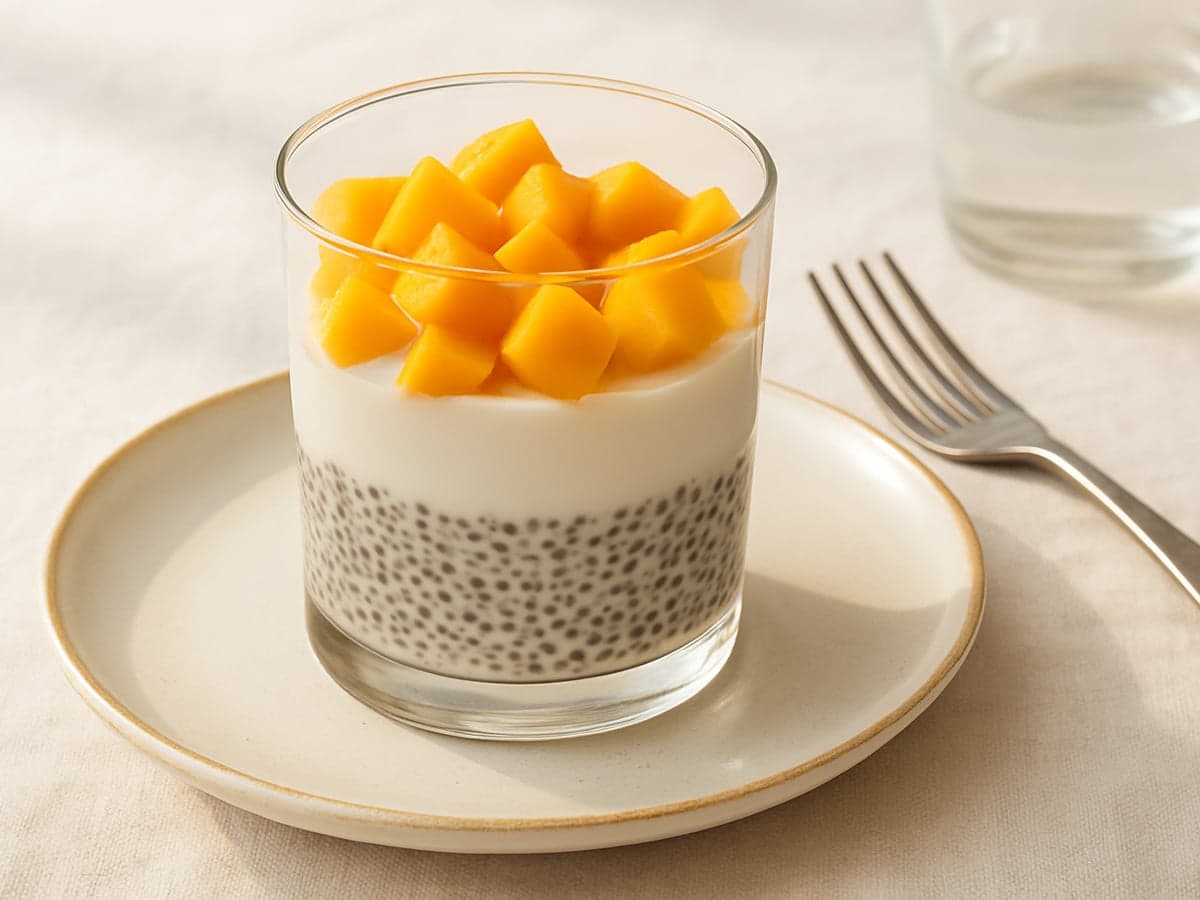 Glaasje chiapudding met kokosmelk en verse mango