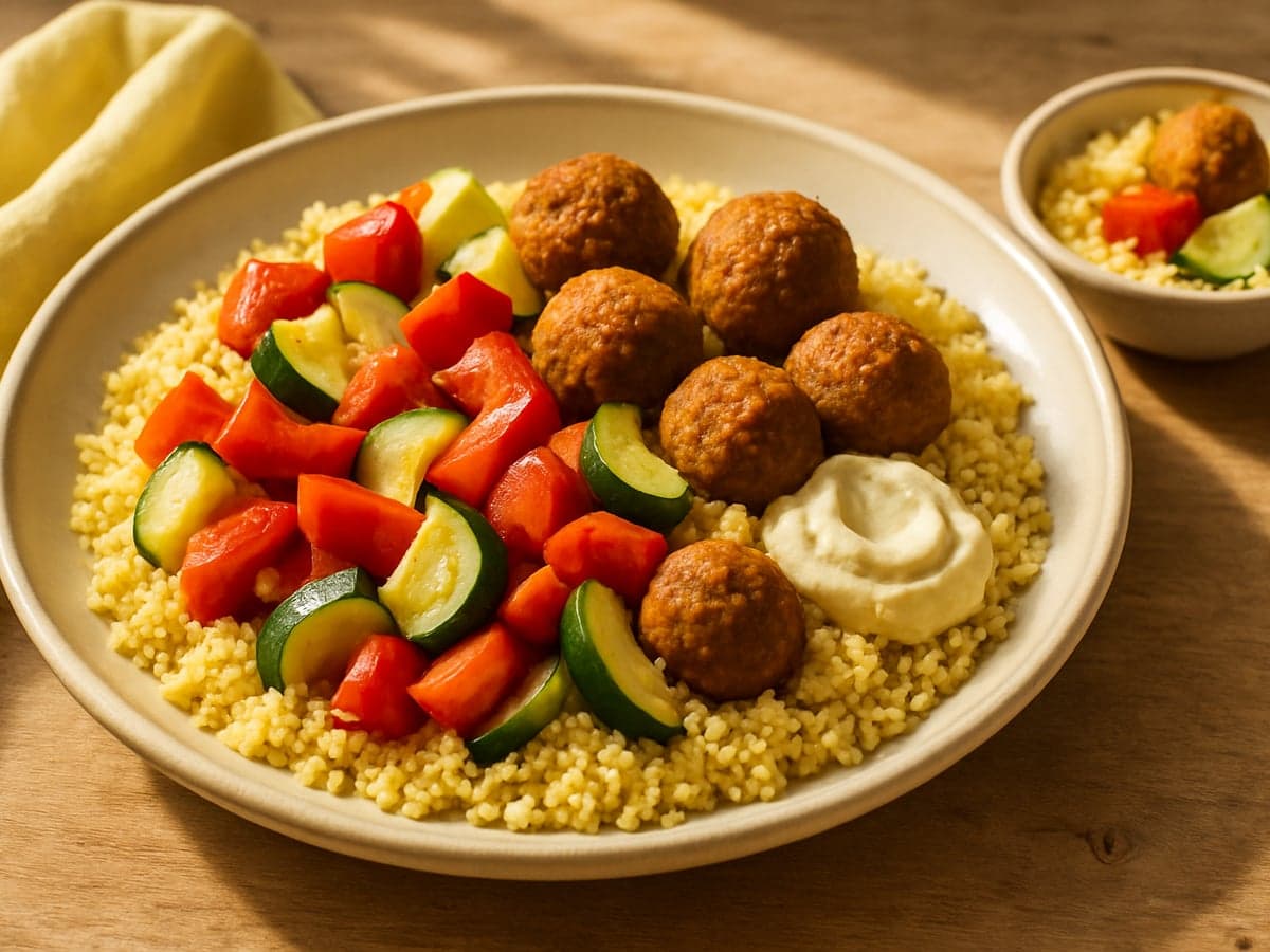 Couscous met geroosterde groenten en falafel op een schaal