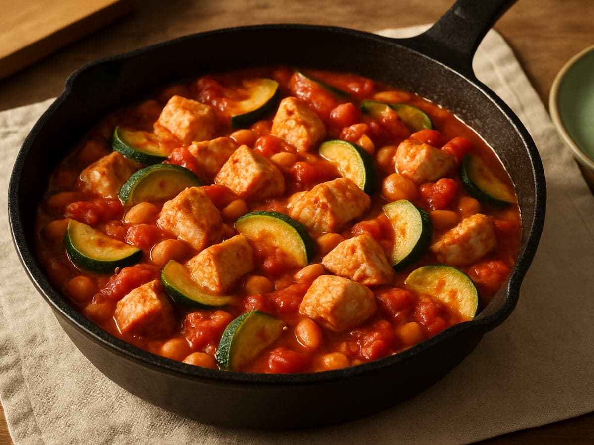 Eenpans kipfilet met tomaat, courgette en witte bonen in een pan