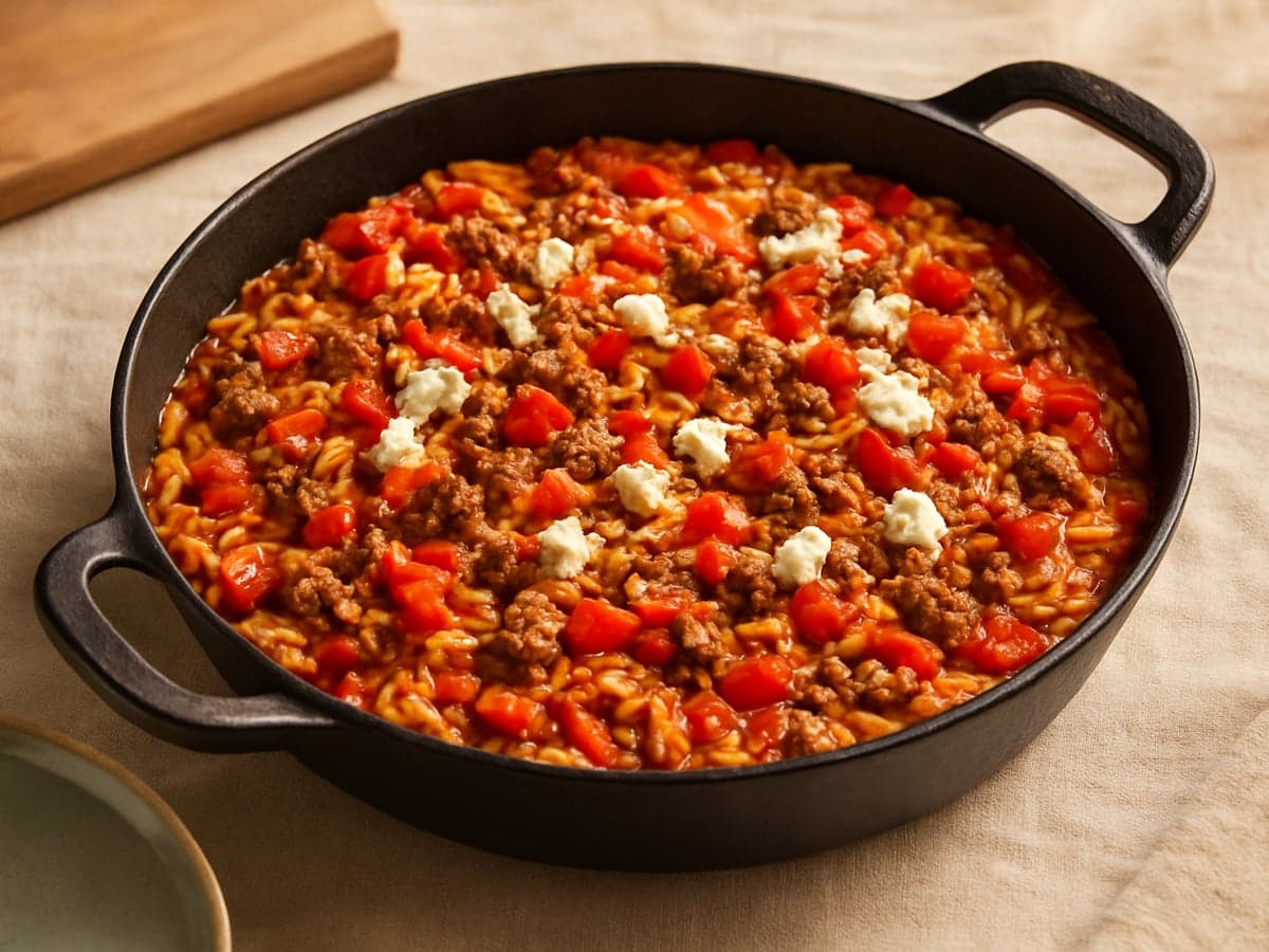 Eenpans orzo met gehakt, paprika en feta in een pan