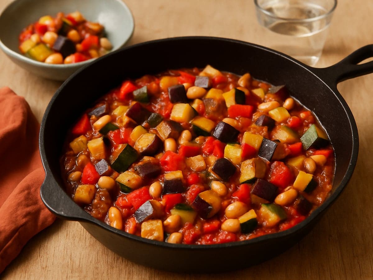 Eenpans ratatouille met witte bonen in een pan