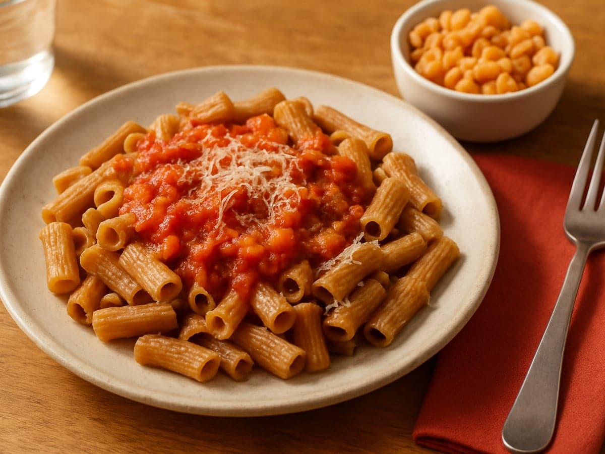 Volkoren pasta met tomatensaus op een bord, met een klein bakje fijngesneden babyversie ernaast
