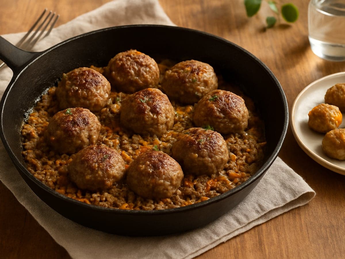 Gehaktballetjes in een pan met een klein bakje platte babyballetjes ernaast