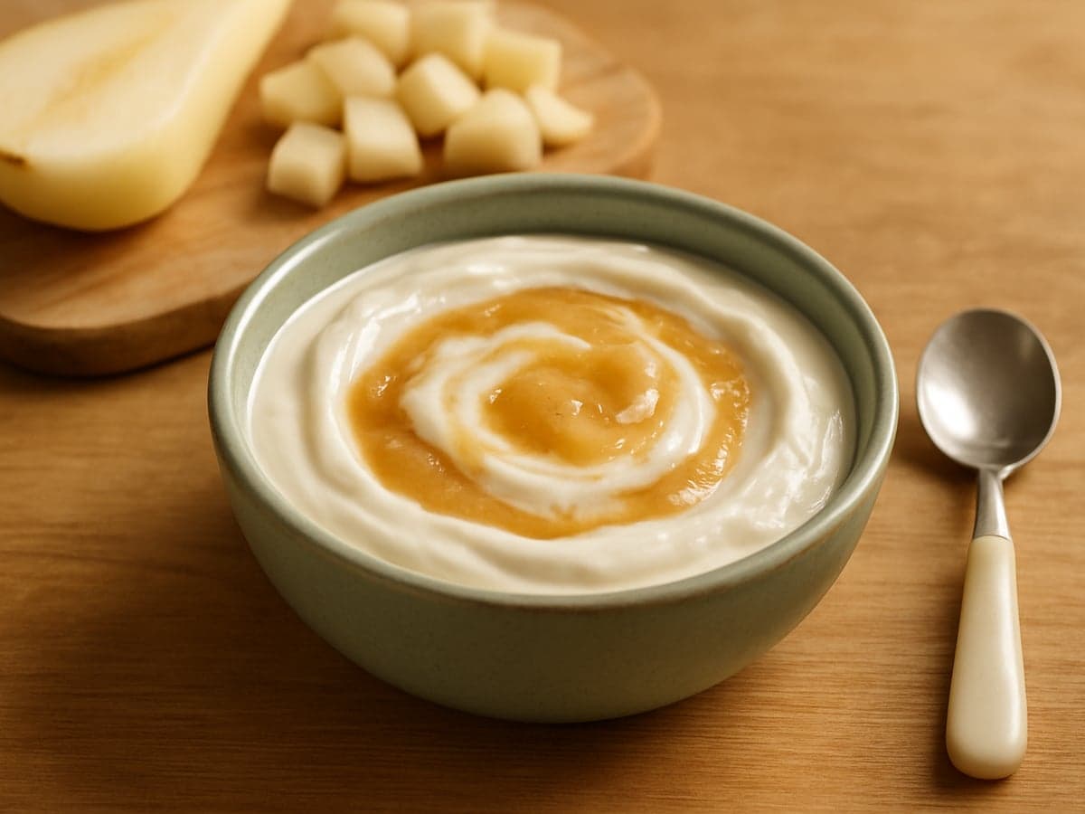 Griekse yoghurt met perenmoes in een kommetje voor baby