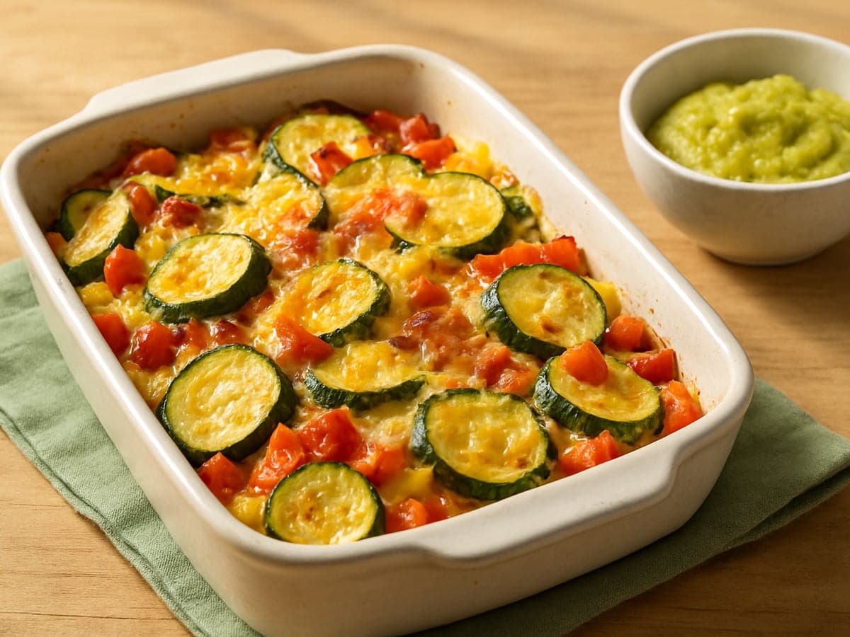 Groente-ovenschotel in een ovenschaal met apart bakje geprakte babyportie