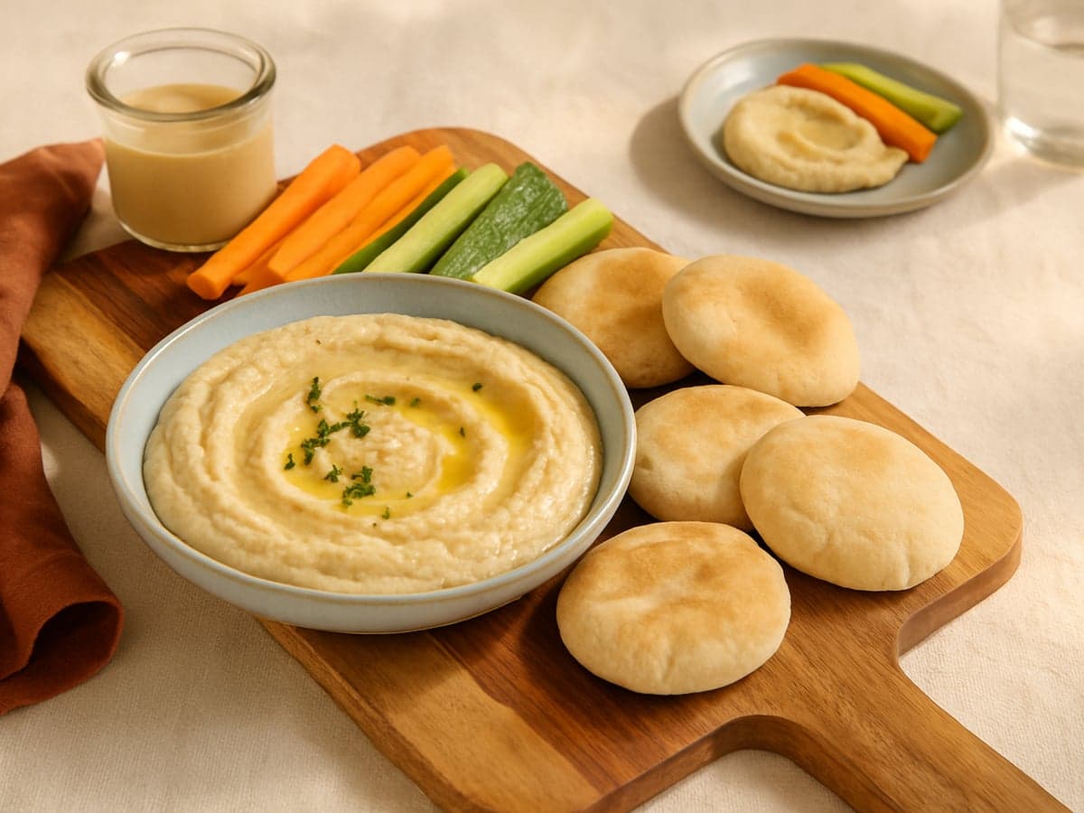 Hummus met groentesticks en mini-pitabroodjes op een plank