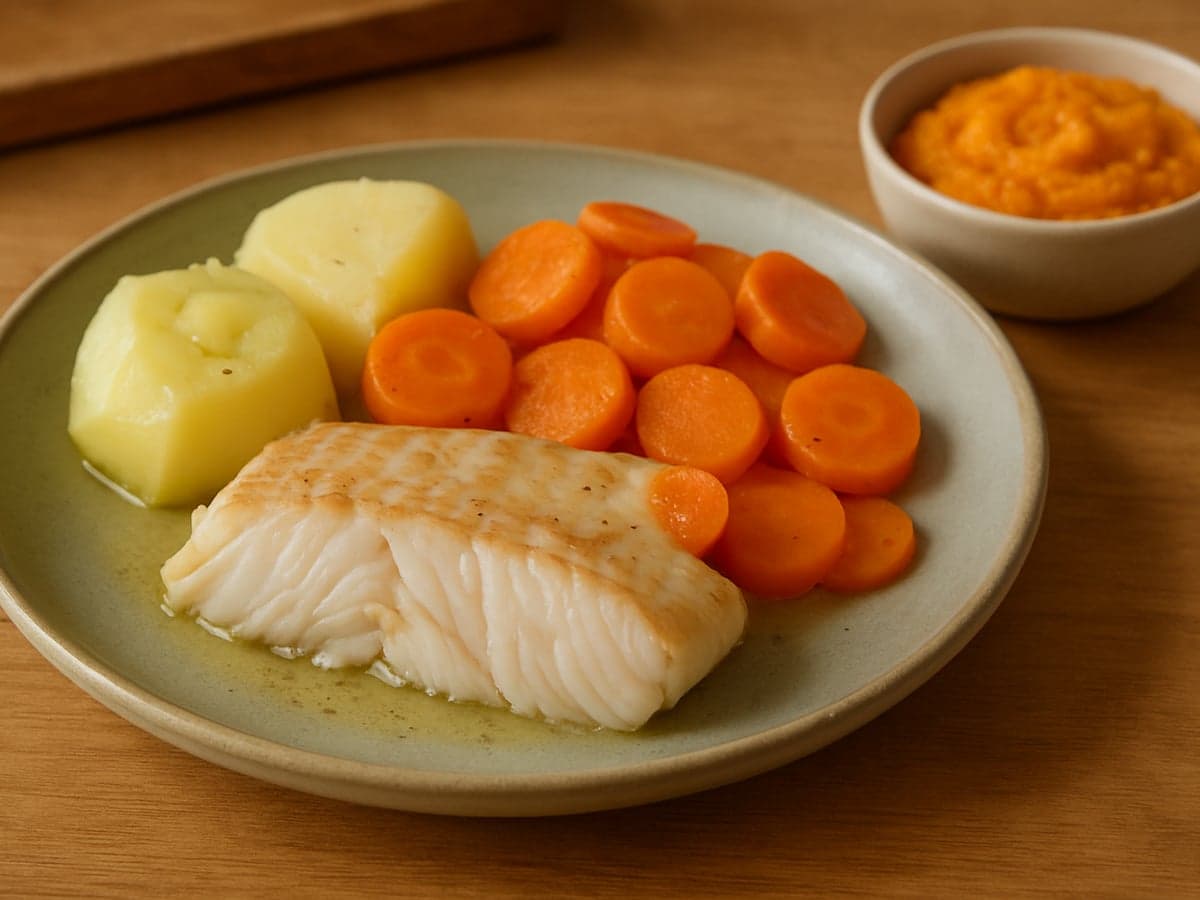 Kabeljauw met wortel en aardappel in een pan, met een klein bakje aparte babypuree ernaast