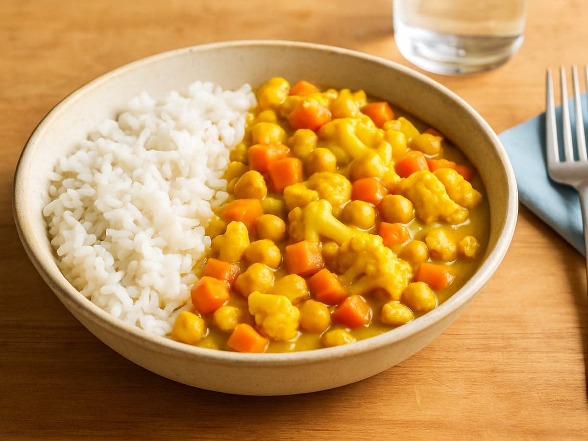 Kokosrijst met milde currygroenten en kikkererwten in een schaal