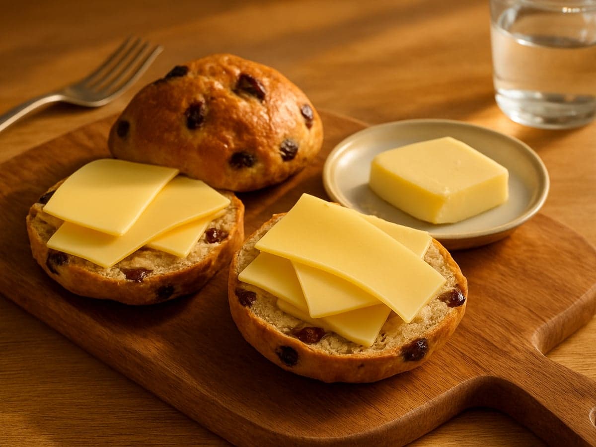 Krentenbollen met kaas op een houten broodplank