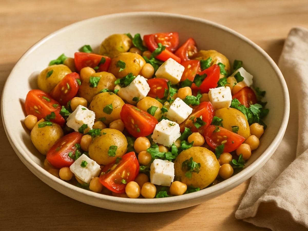 Krieltjes met kikkererwten, feta en tomaat in een schaal