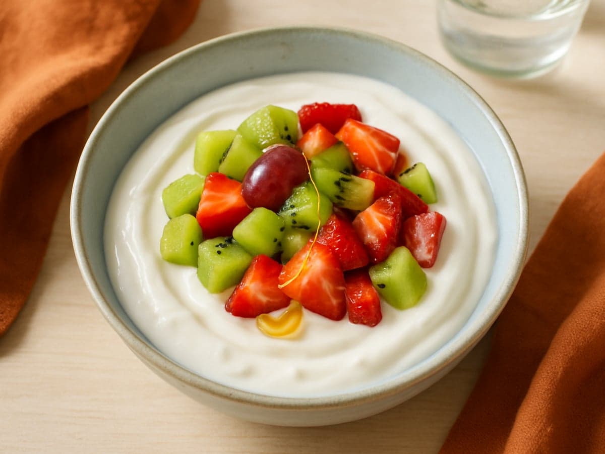 Kwark-bowl met gemengd vers fruit en een sliert honing