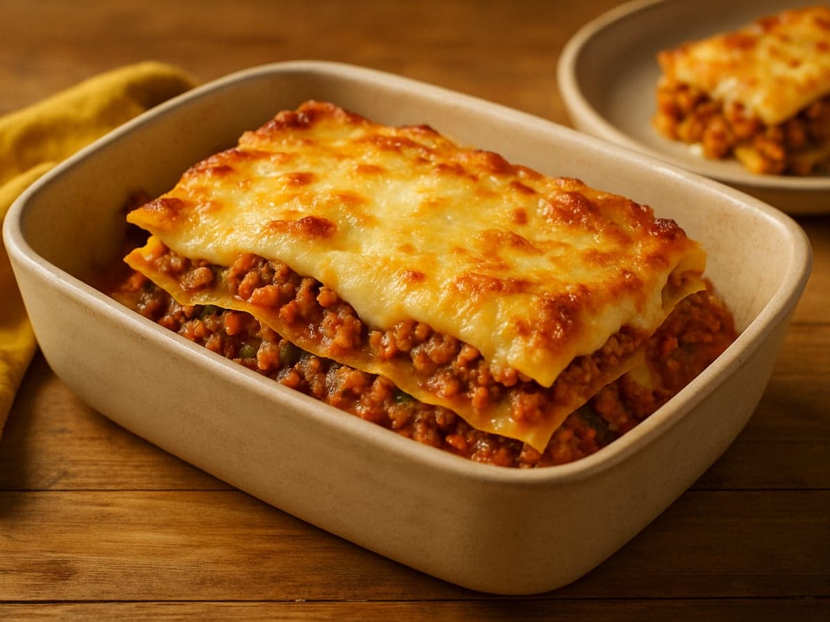 Lasagne met gehakt en groente in een ovenschaal