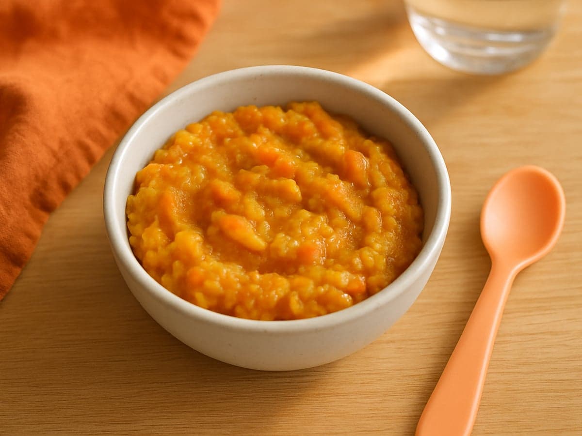 Kommetje met geprakte oranje linzenpuree met wortel op een houten tafel