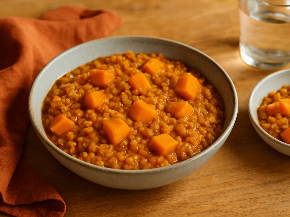 Linzenstoof met zoete aardappel in een pan