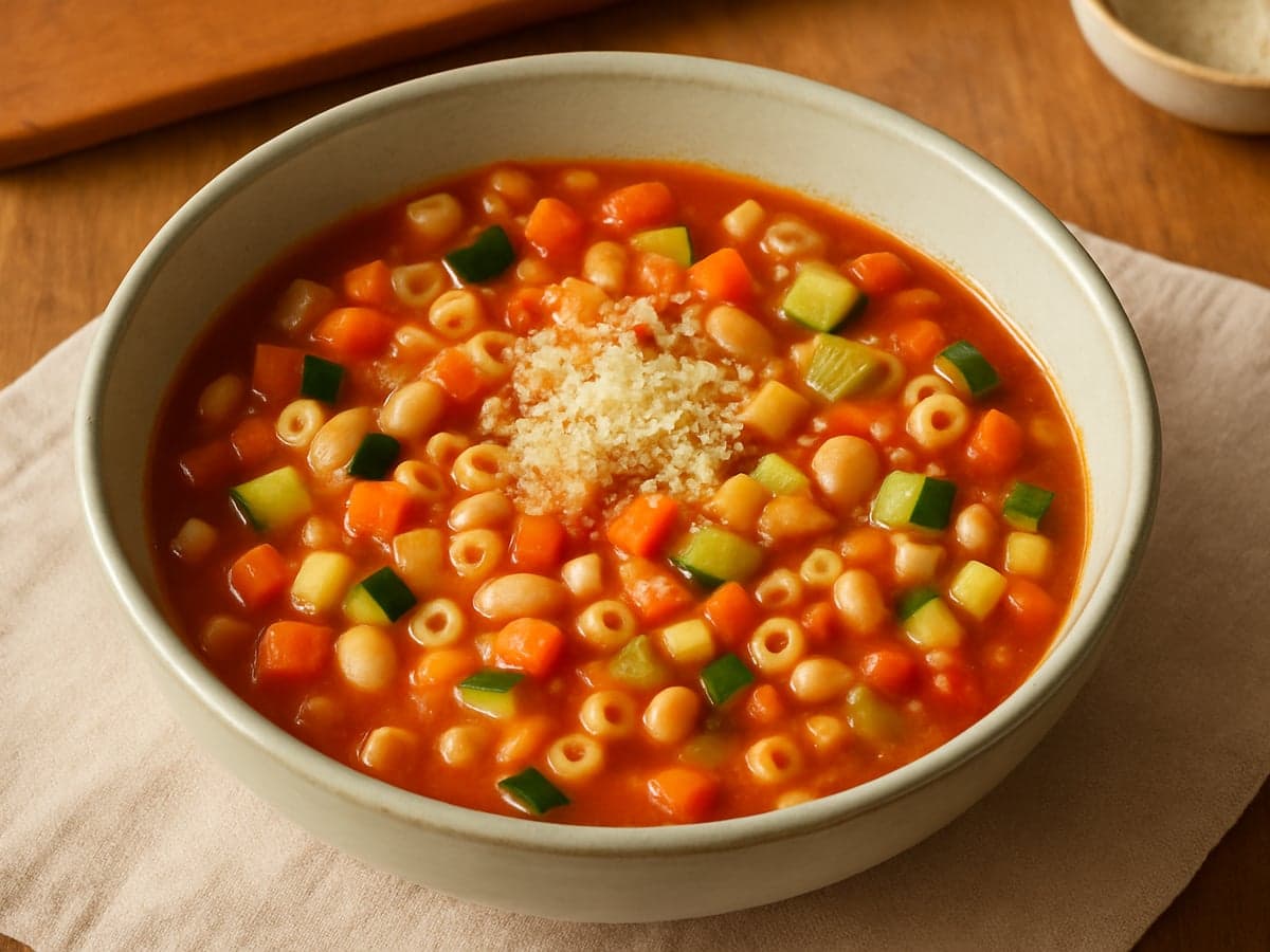 Minestrone met witte bonen en pasta in een kom