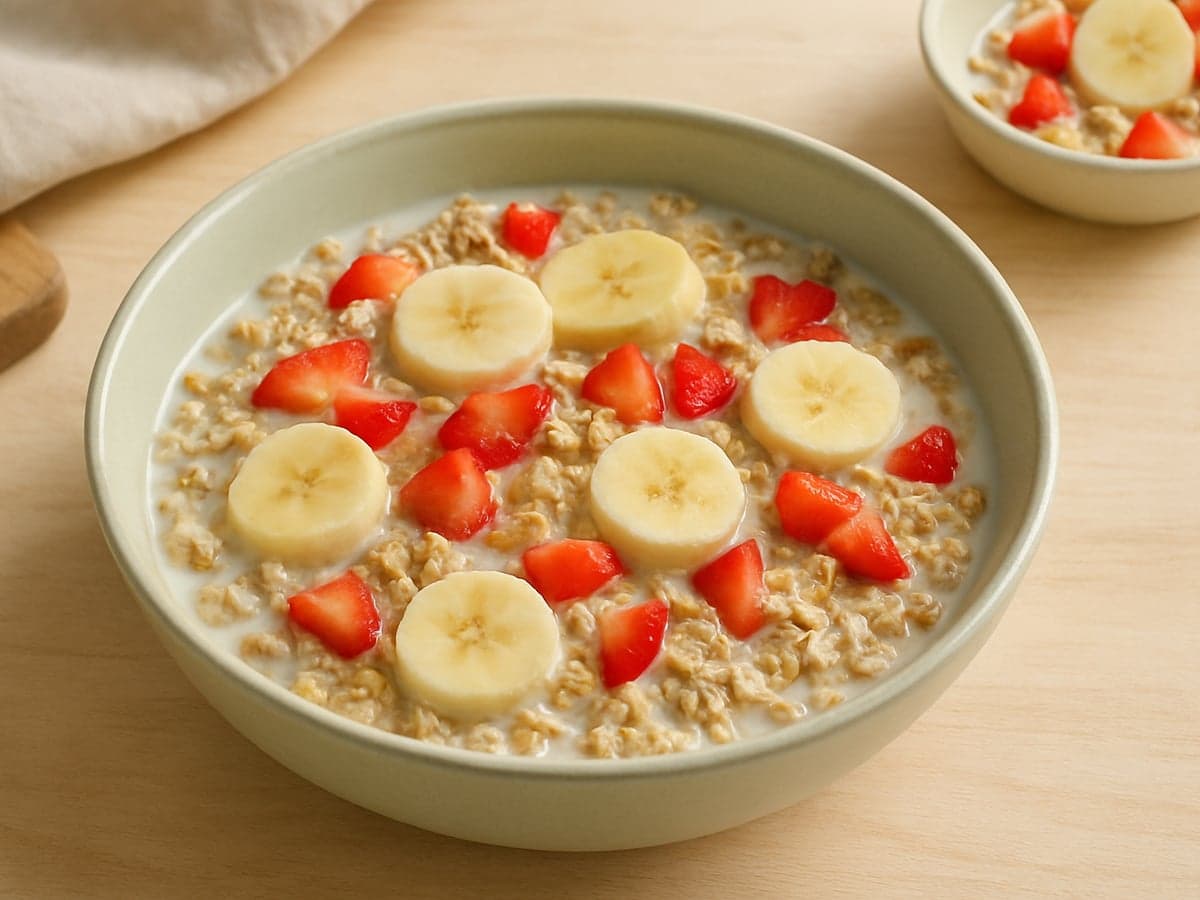 Kom muesli met melk en verse stukjes fruit