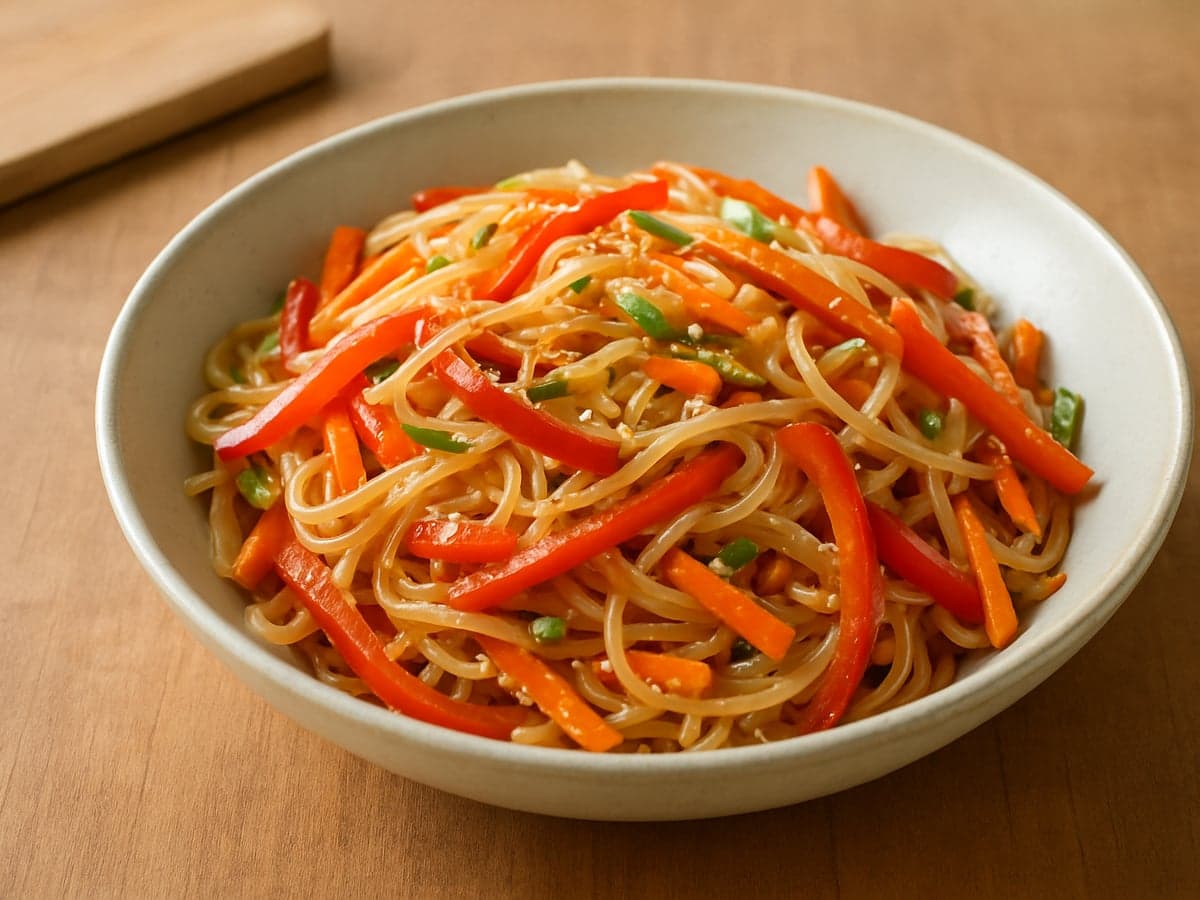 Noedelsalade met paprika, wortel en sesamzaad in een schaal