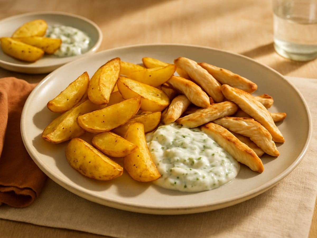 Ovenaardappelpartjes met kipfilet en tzatziki op een bord