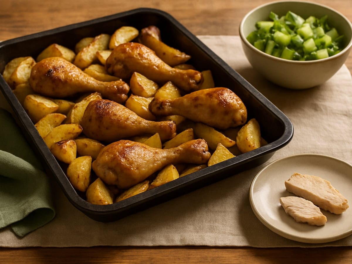 Ovenaardappeltjes met kipdrumsticks en groene salade op een bakplaat