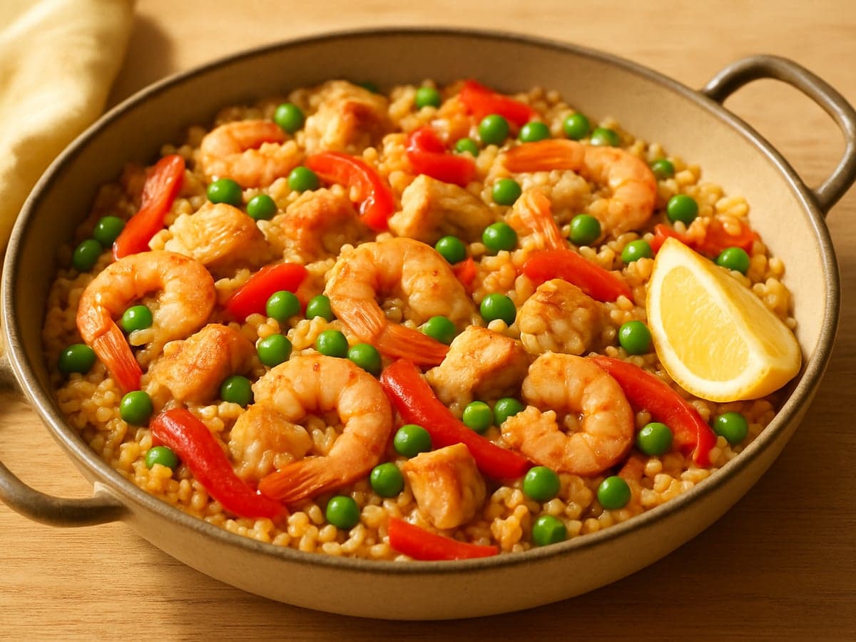 Paella-achtige rijst met kip en garnalen in een pan