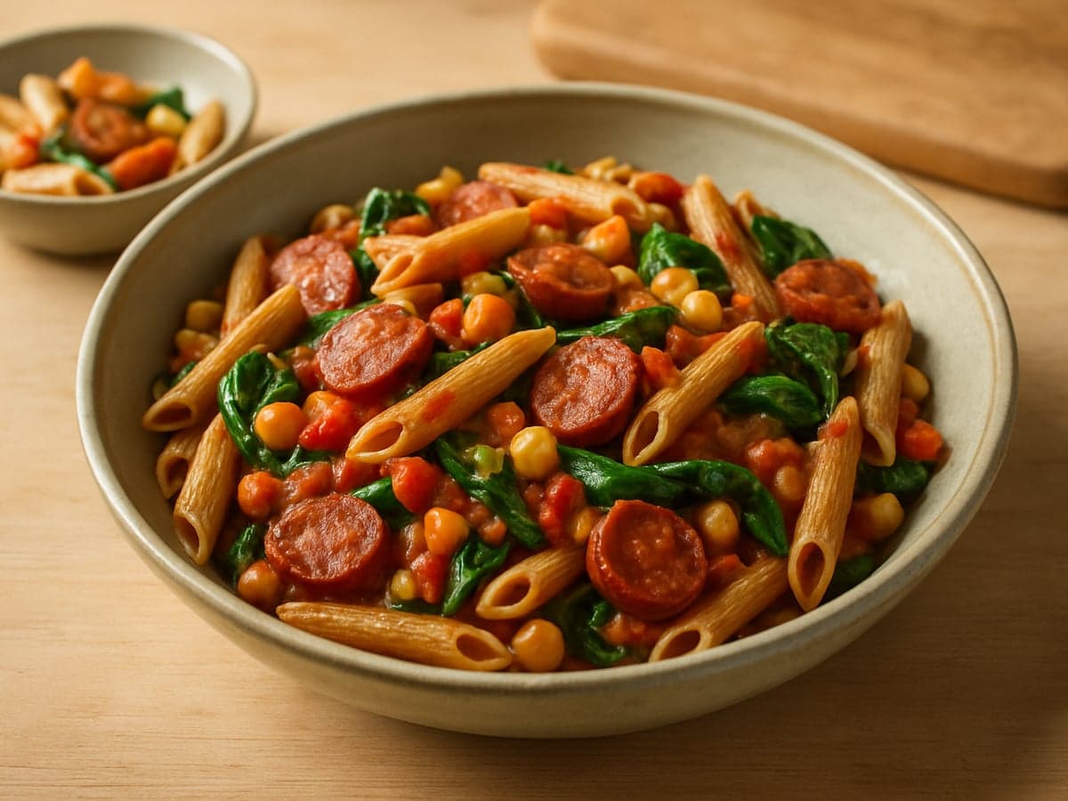 Pasta met chorizo, spinazie en kikkererwten in een schaal