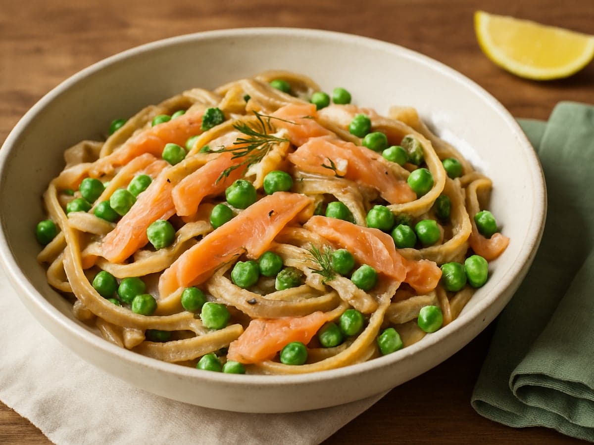 Pasta met gerookte zalm, doperwten en dille in een schaal