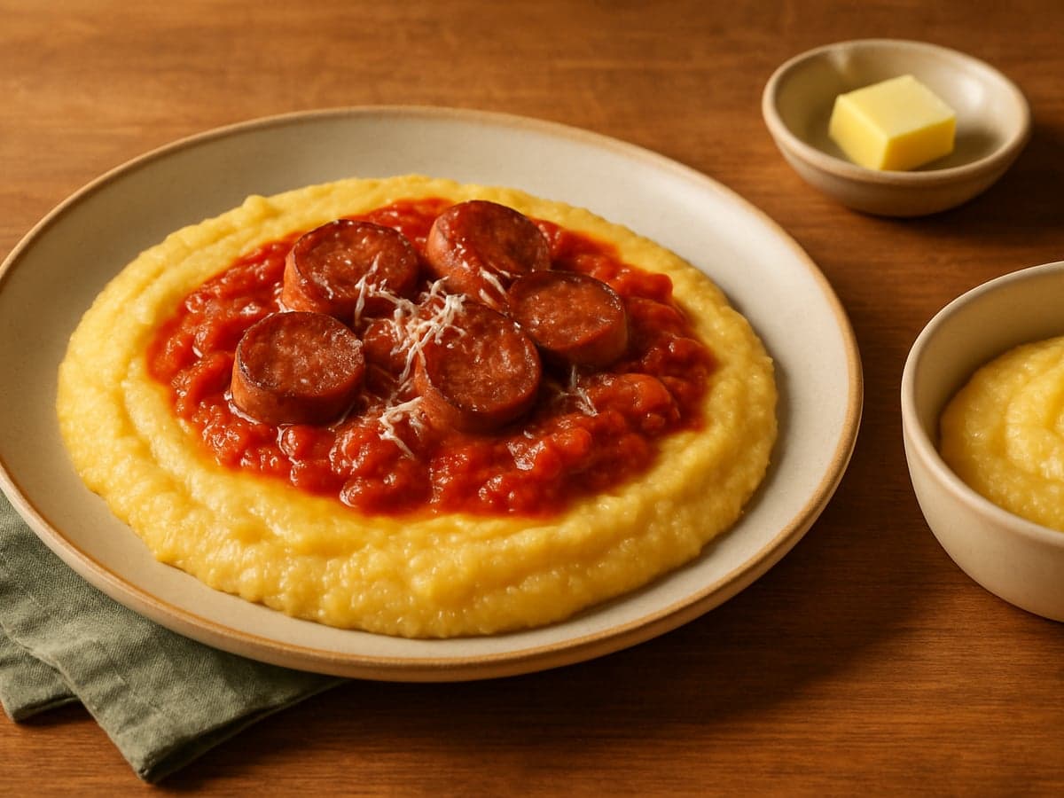 Polenta met tomatensaus en worst op een bord