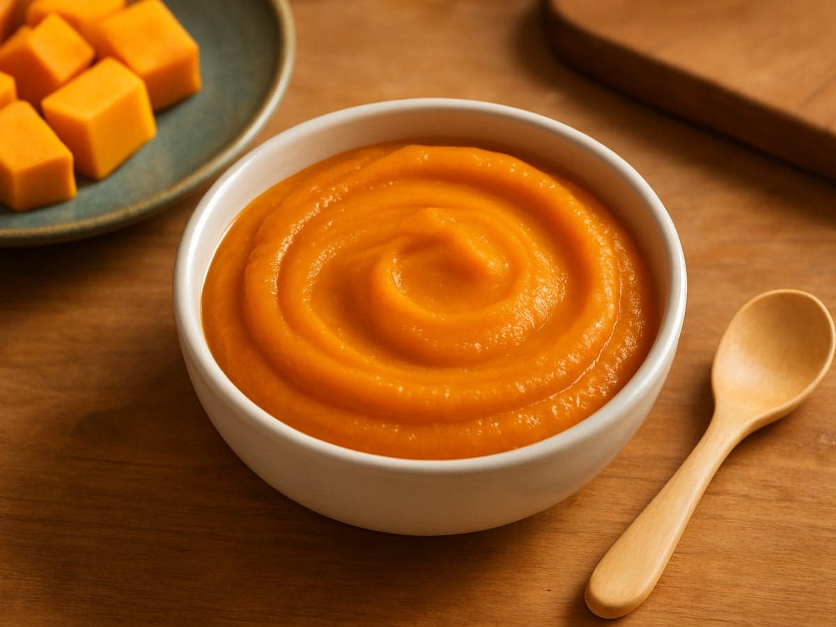 Kommetje met gladde oranje pompoenpuree op een houten tafel