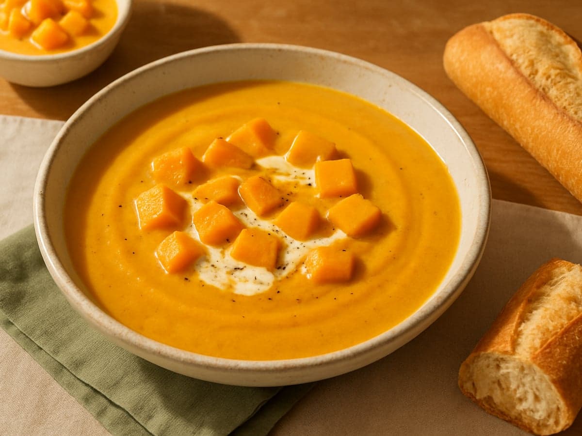 Kom romige pompoensoep met stokbrood ernaast
