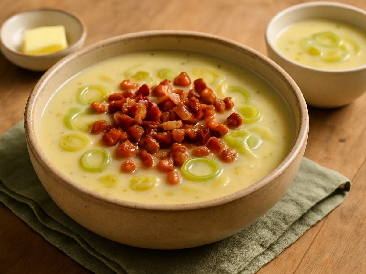 Preisoep met aardappel en spekjes in een kom