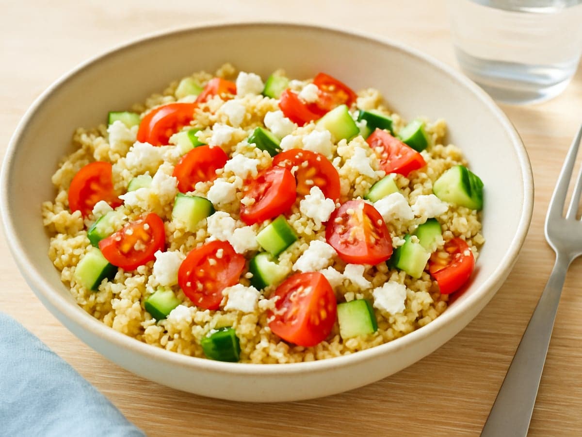 Quinoasalade met feta, tomaat en komkommer in een schaal