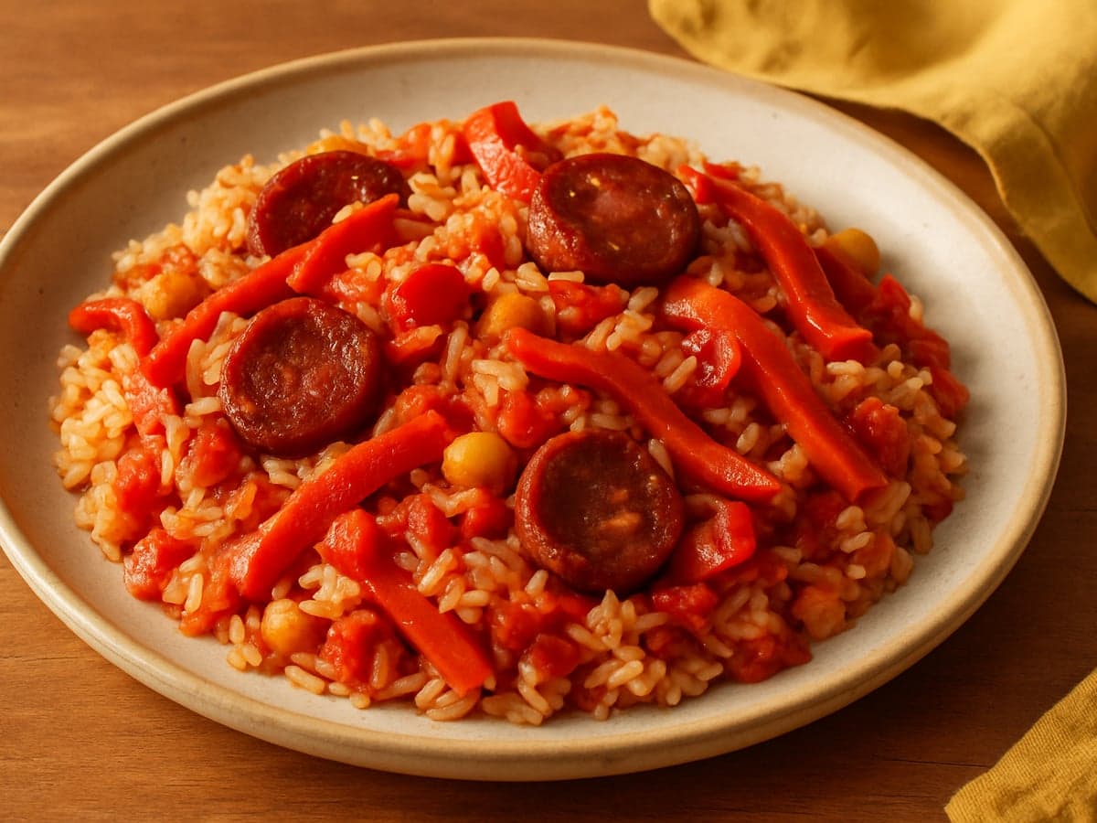 Rijst met chorizo, paprika en kikkererwten op een bord